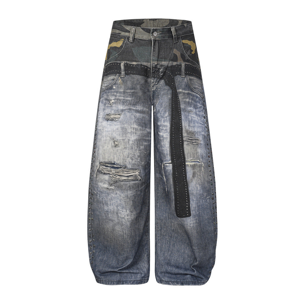 Men's Wasteland Style Digital 3D Printed Scythe Wide Leg Jeans, Distressed Fake Ripped Streetwear Denim Pants