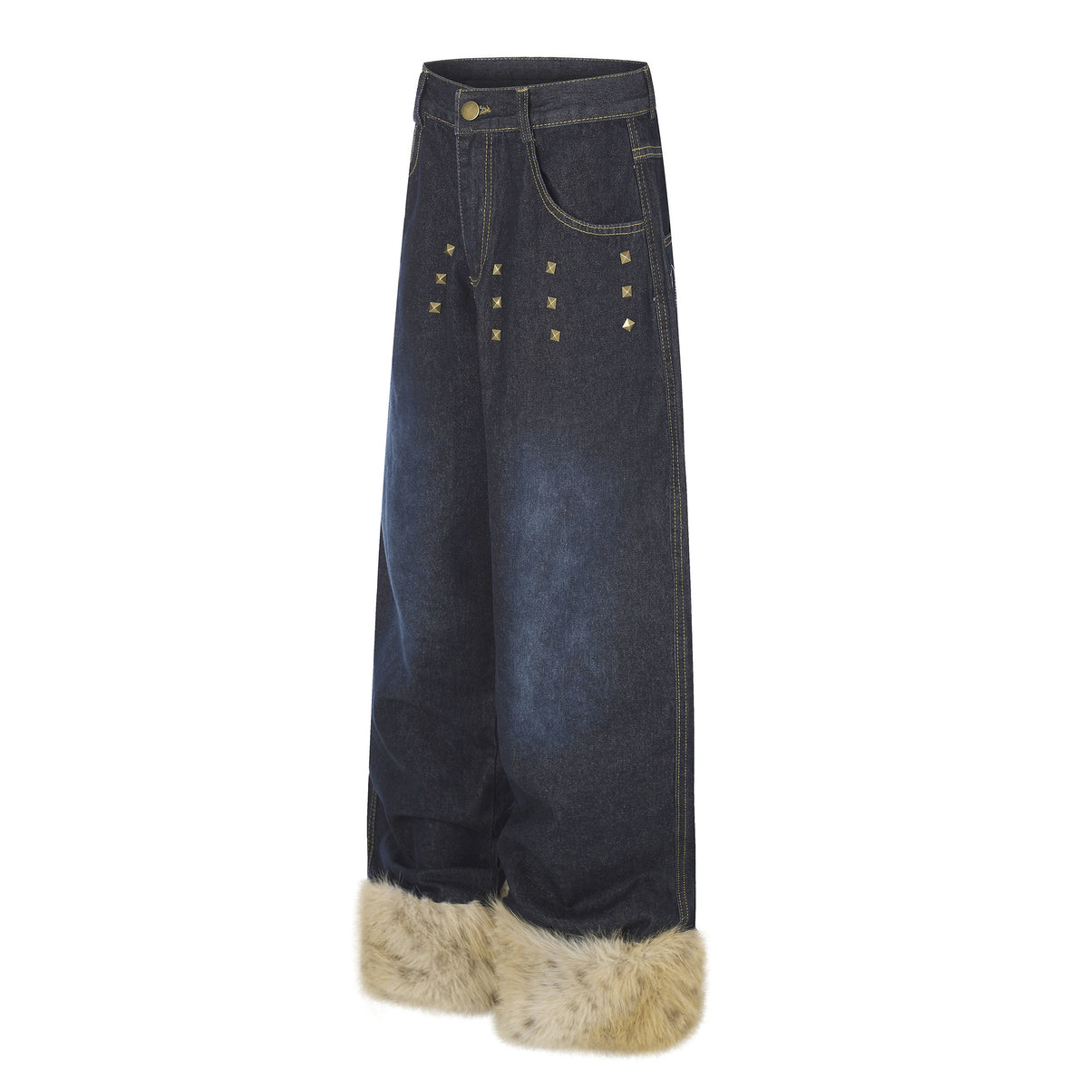 Jean large taille haute délavé effet usé pour femme, rivets et ourlets effilochés 9