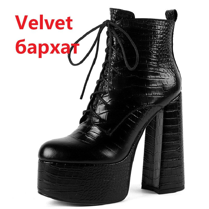 Bottines en cuir à talon haut de 14,5 cm et plateforme, lacets croisés, pour femme 18