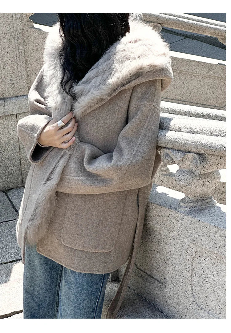 Manteau laine capuche ceinture coupe ample femme café – photo 23 – Frippin'Dealz