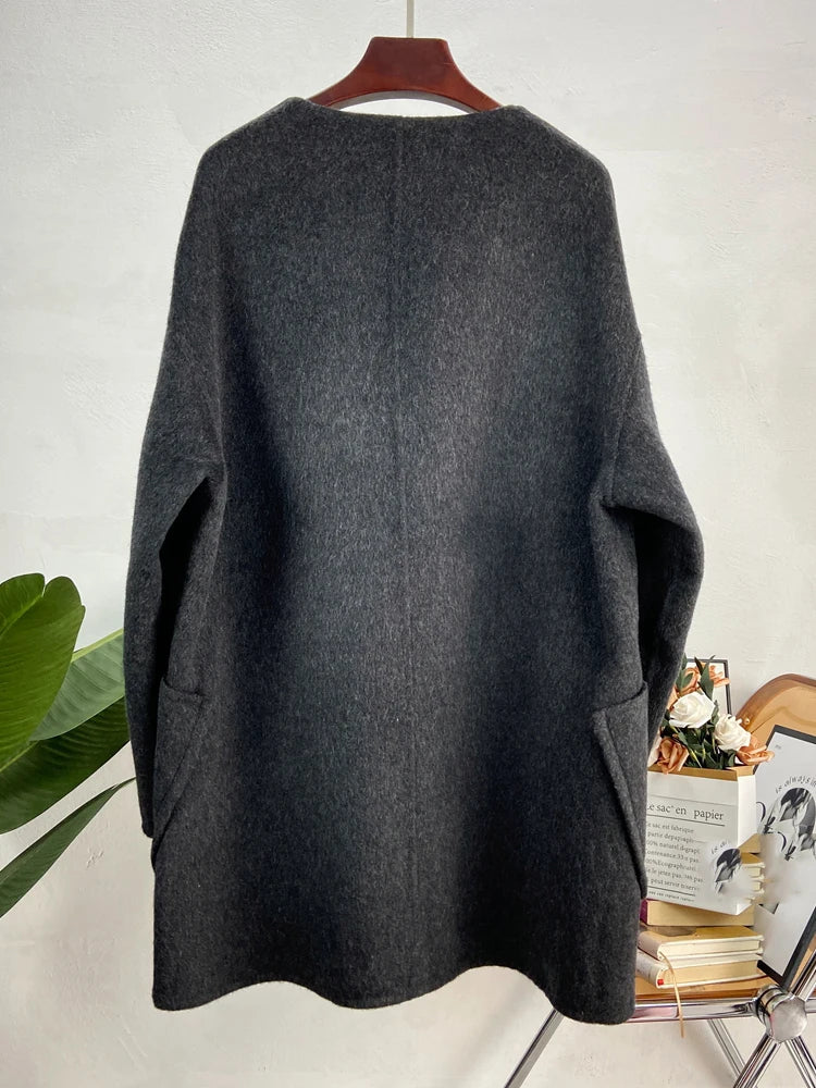 Manteau long laine col écharpe double boutonnage femme – photo 3 – Frippin'Dealz