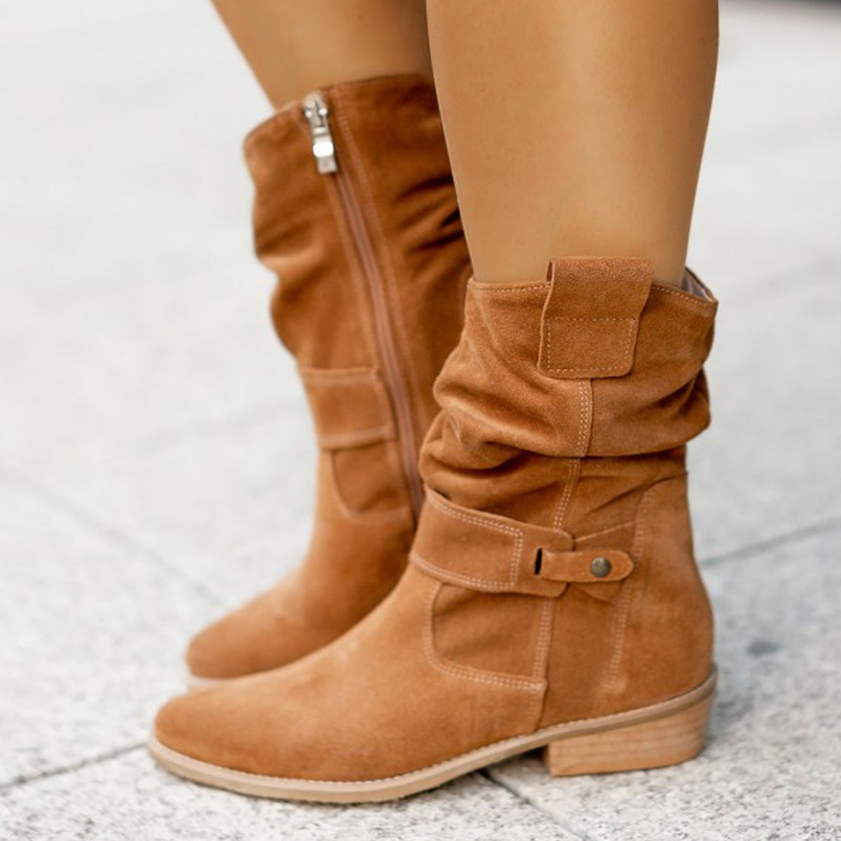 Bottines plissées talon plat aspect daim – photo 3 – Frippin'Dealz