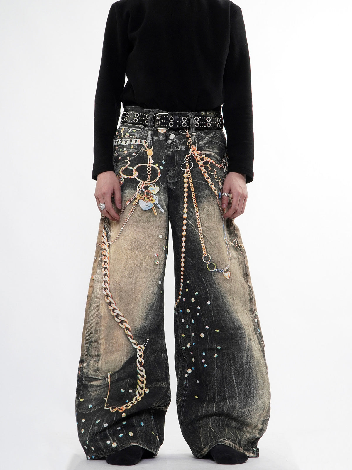 Pantalon en denim épais imprimé streetwear avec chaîne, coupe droite, unisexe 12