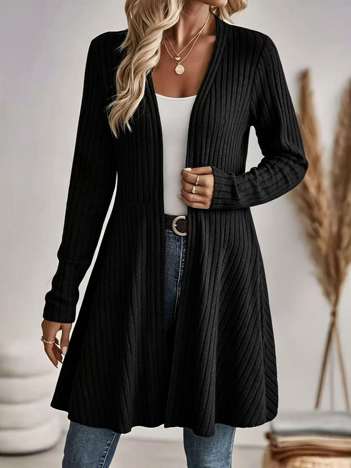 Long gilet en maille côtelée sans col, coupe décontractée, pour femme 8