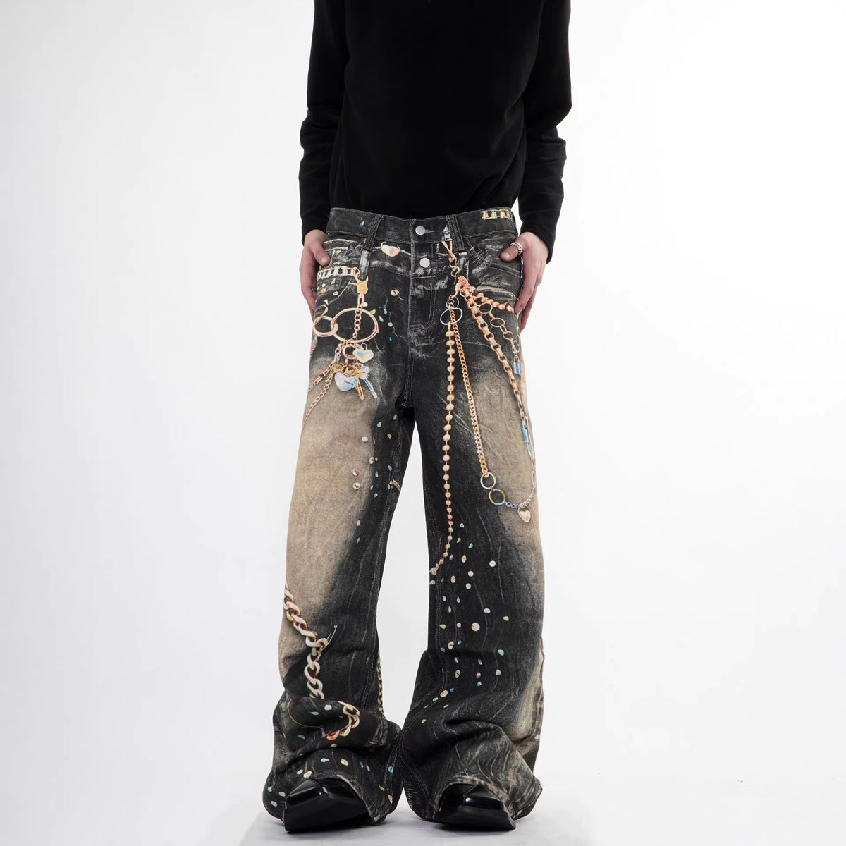 Pantalon en denim épais imprimé streetwear avec chaîne, coupe droite, unisexe 5