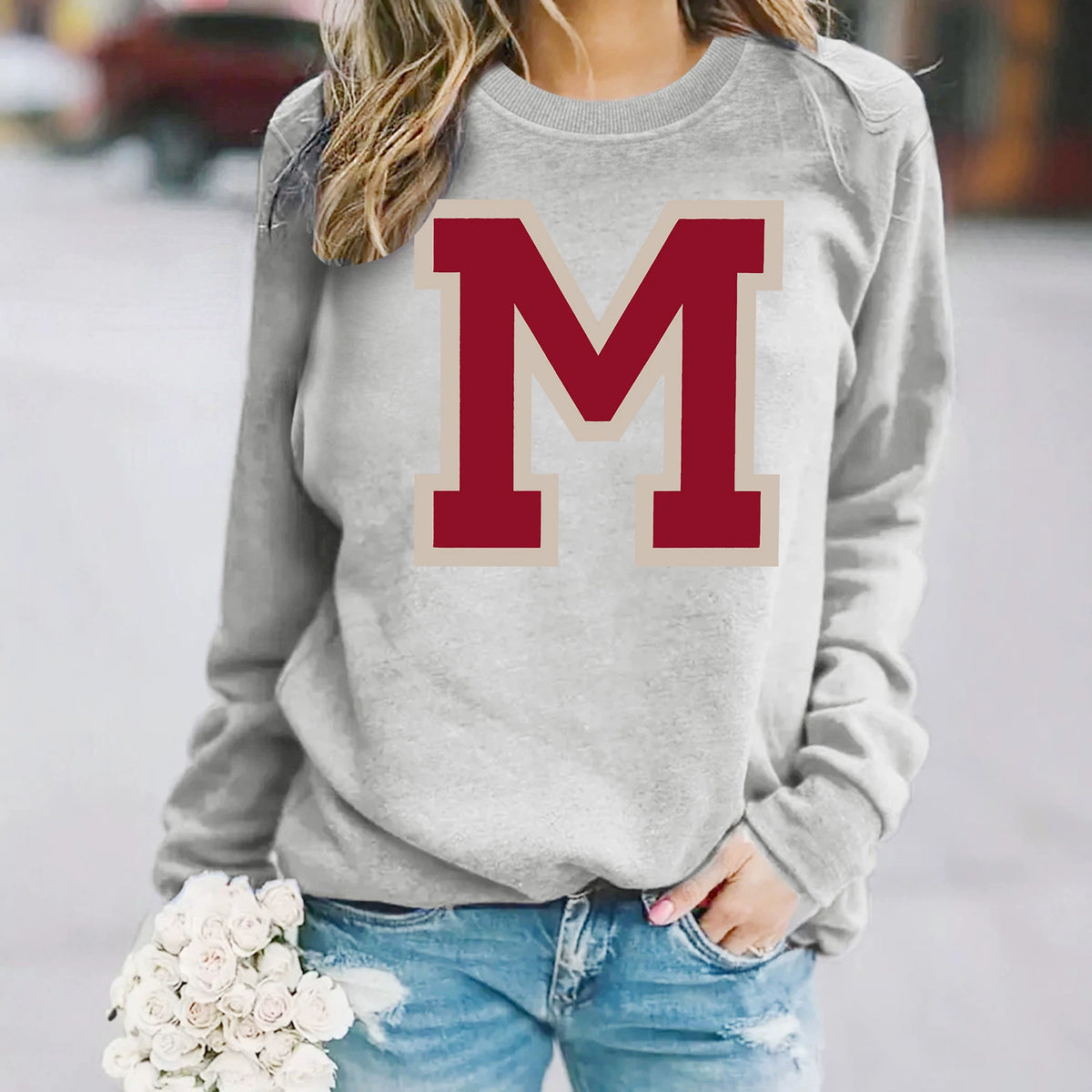 Sweat ample à col rond, imprimé, manches lanternes, style casual, longueur standard, pour femme, 7 coloris 5
