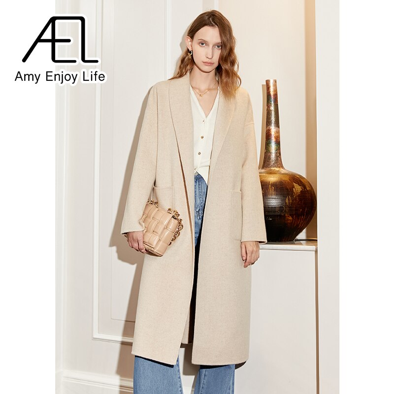 Manteau mi-long en laine à lacets et poches, beige 4