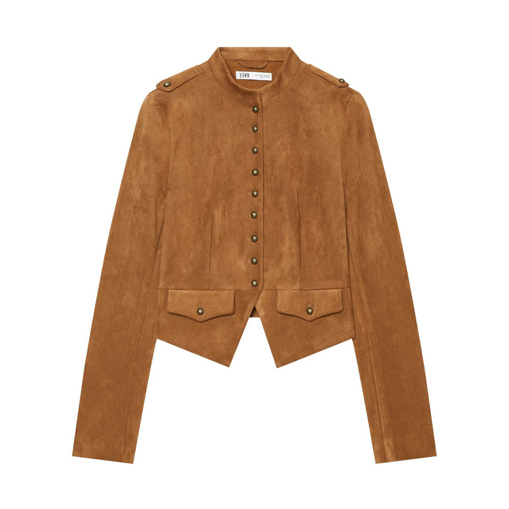 Veste à col montant, fausse poche à rabat et boucle, marron foncé 6