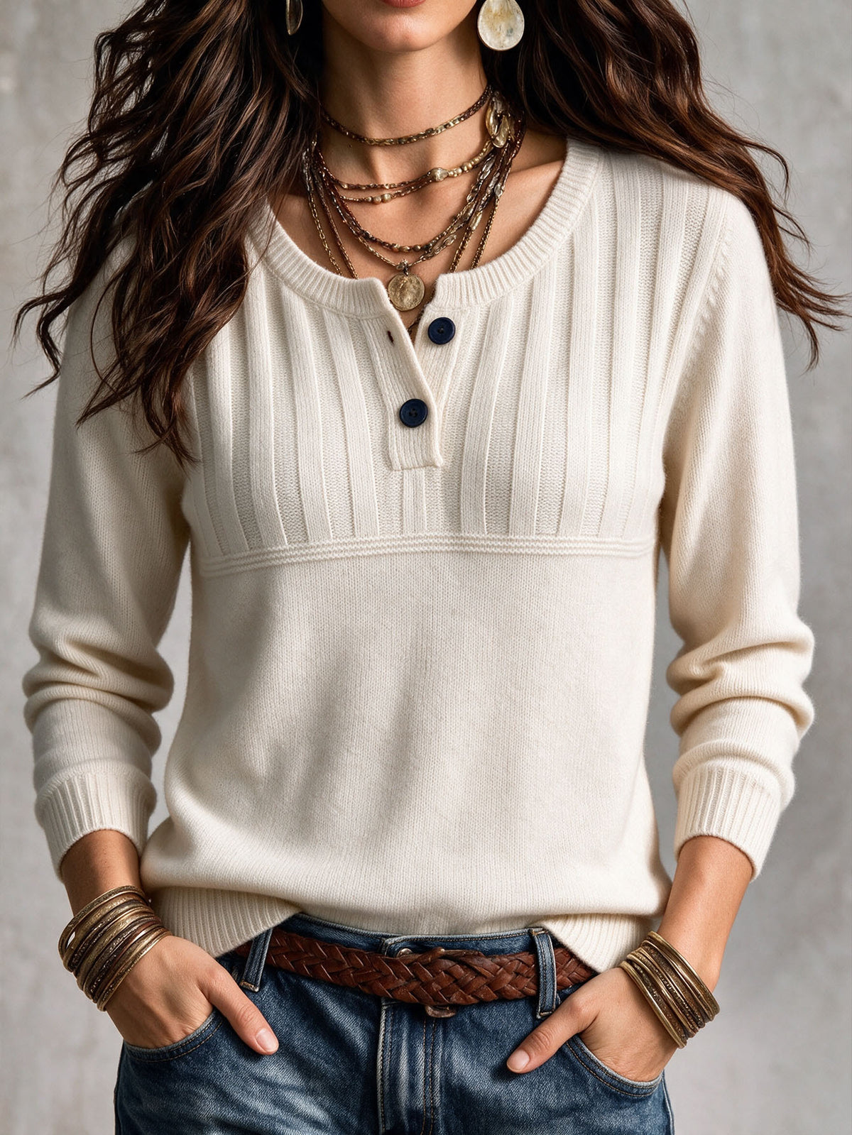 Pull uni à col rond, coupe droite, manches longues, pour femme, blanc cassé 4