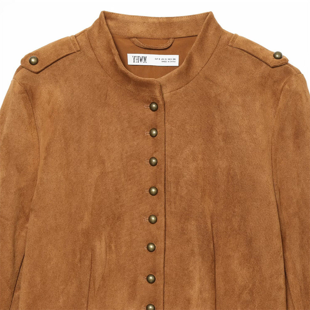 Veste à col montant, fausse poche à rabat et boucle, marron foncé 4