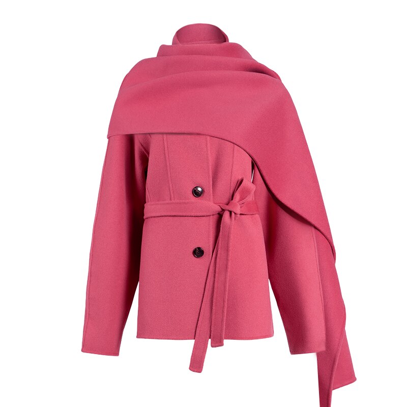 Manteau en laine rose poudré à ceinture, avec écharpe, col tailleur 6