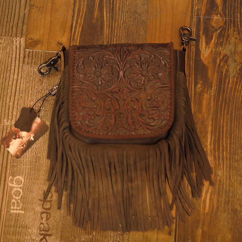 Petit sac carré en cuir de vache à rabat et glands, bandoulière réglable 5