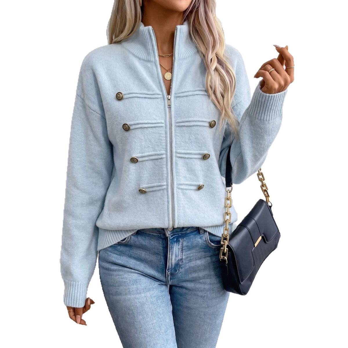 Cardigan en maille à col montant et double zip, 6 coloris