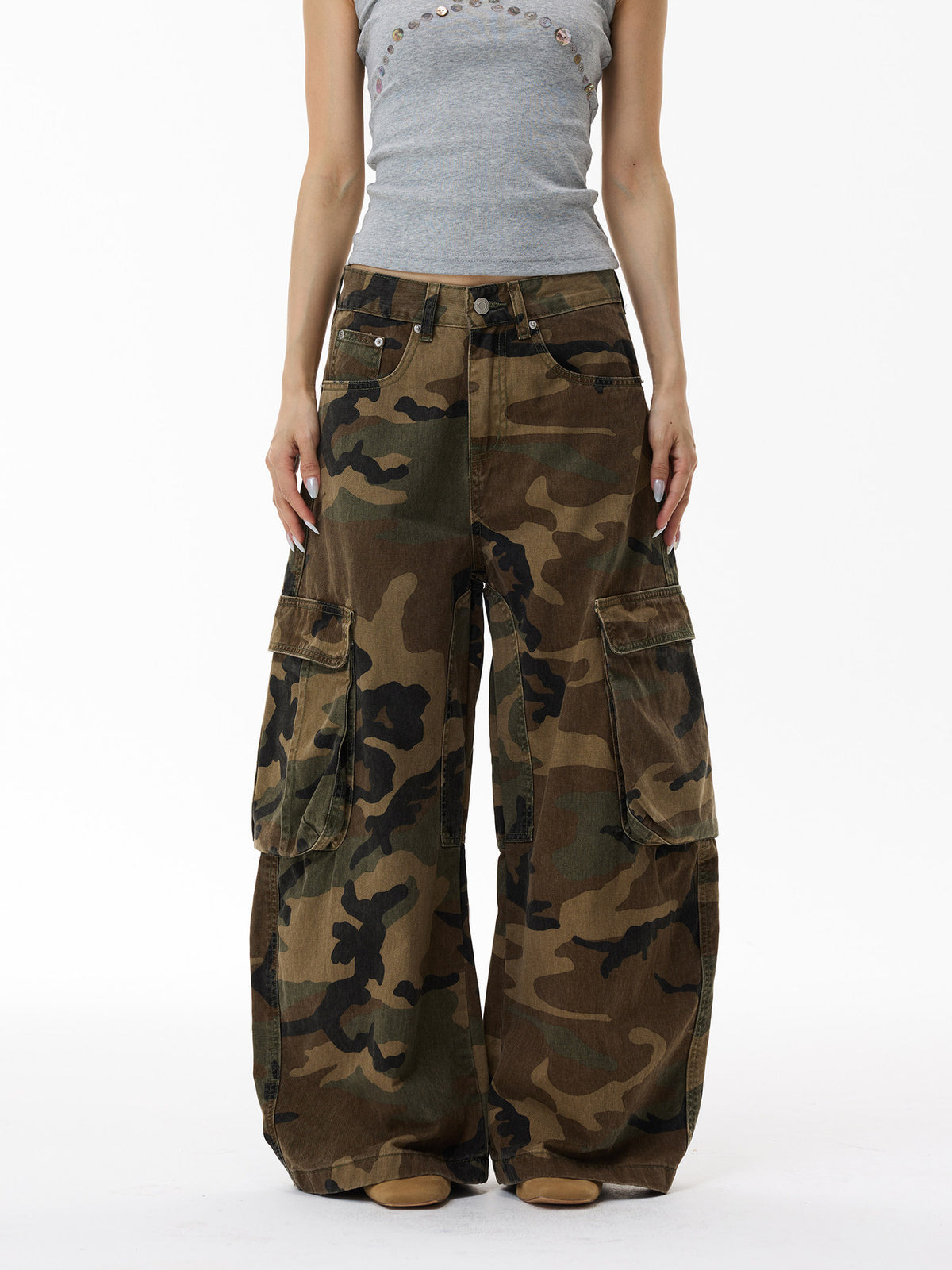 Pantalon cargo camouflage délavé vintage pour homme, jean large à poches, style street 8