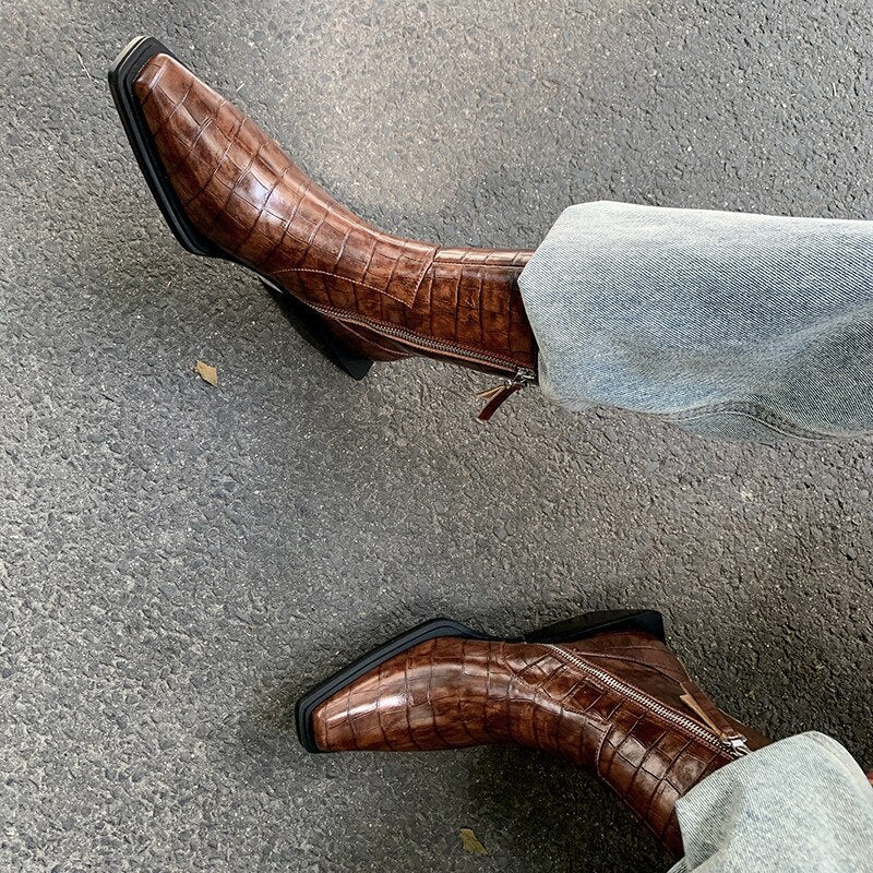 Bottines en cuir à talon épais et bout carré, zip latéral, style rétro, pour femme 5