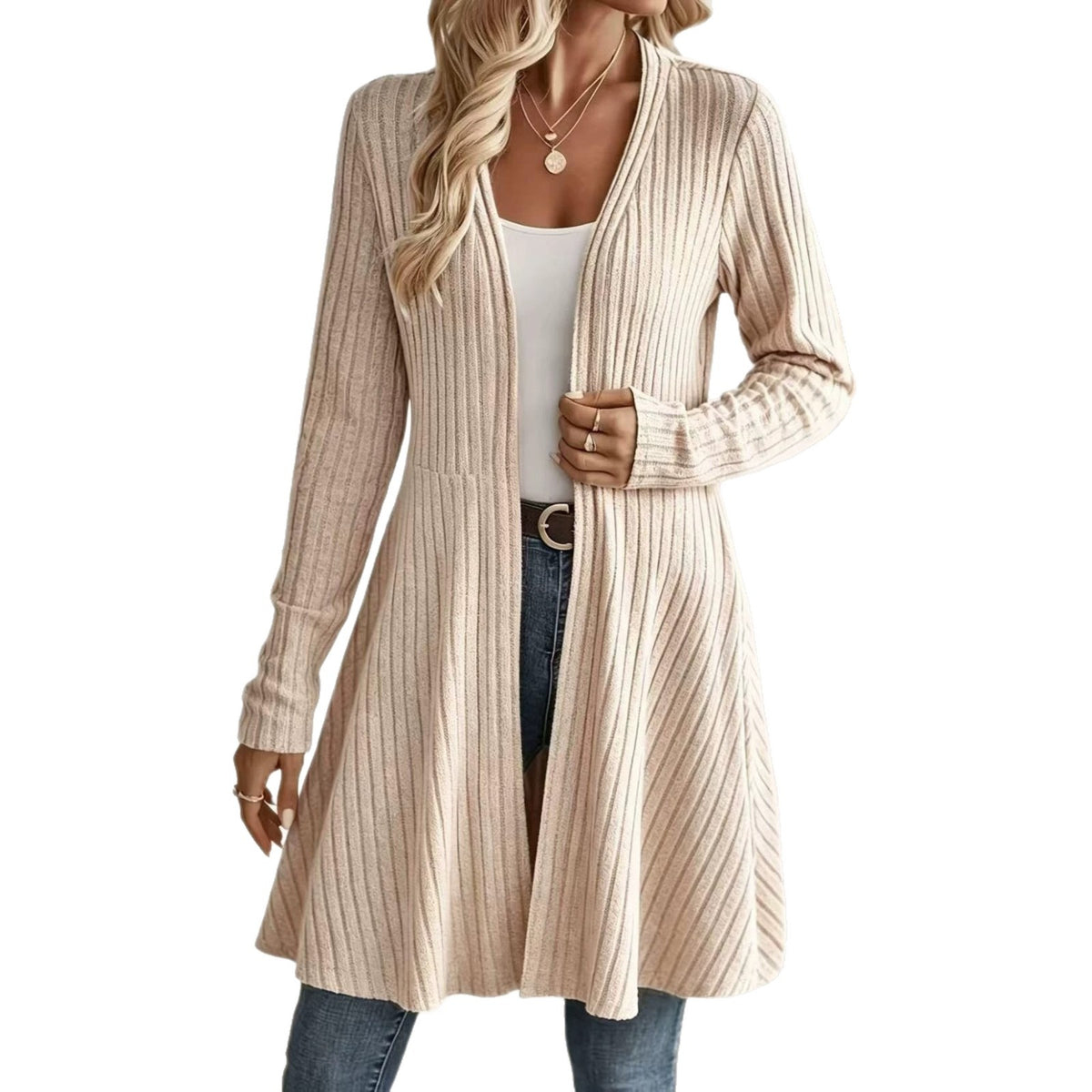 Long gilet en maille côtelée sans col, coupe décontractée, pour femme