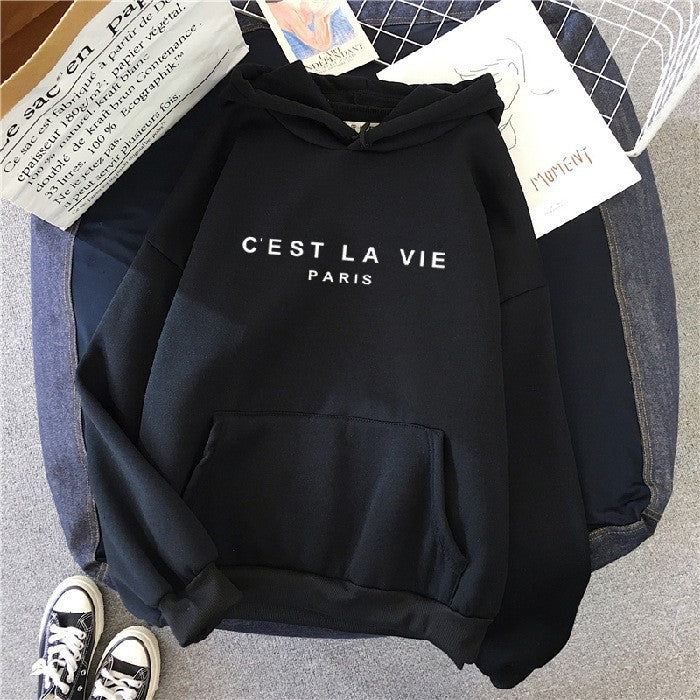 Sweat à capuche pour femme imprimé lettres, doublé polaire, coupe ample, style étudiant décontracté 7