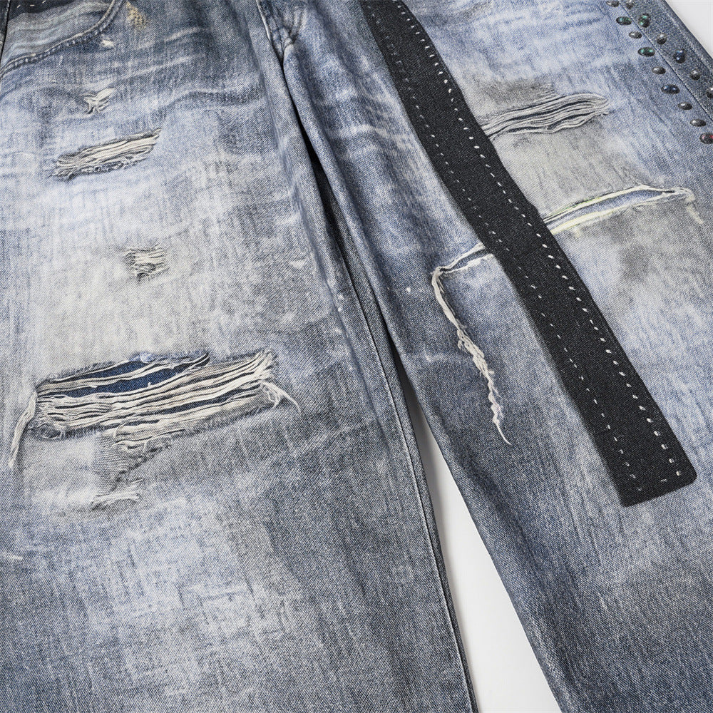 Jean large pour homme imprimé 3D effet usé, style Wasteland, denim déchiré streetwear 17