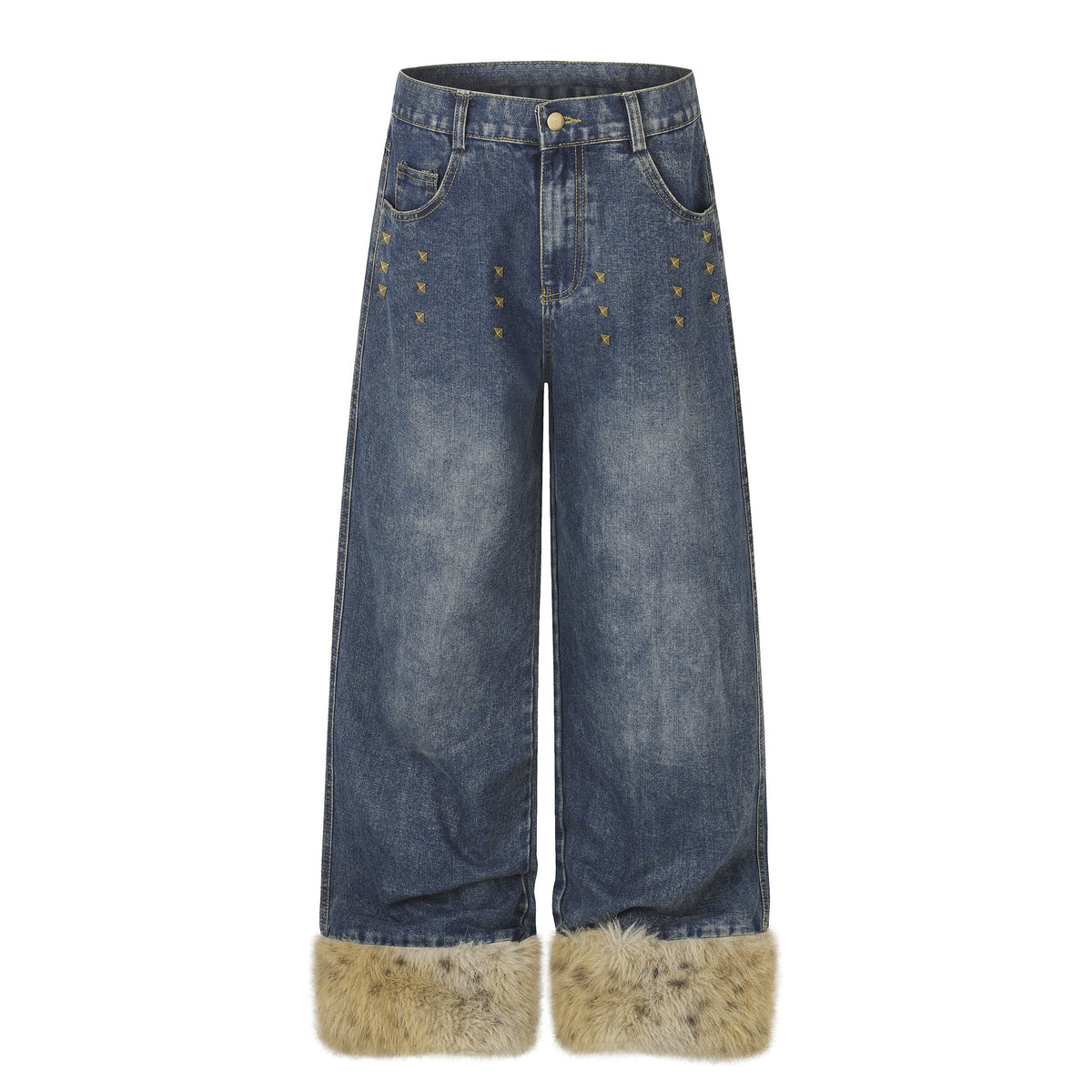 Jean large taille haute délavé effet usé pour femme, rivets et ourlets effilochés 5
