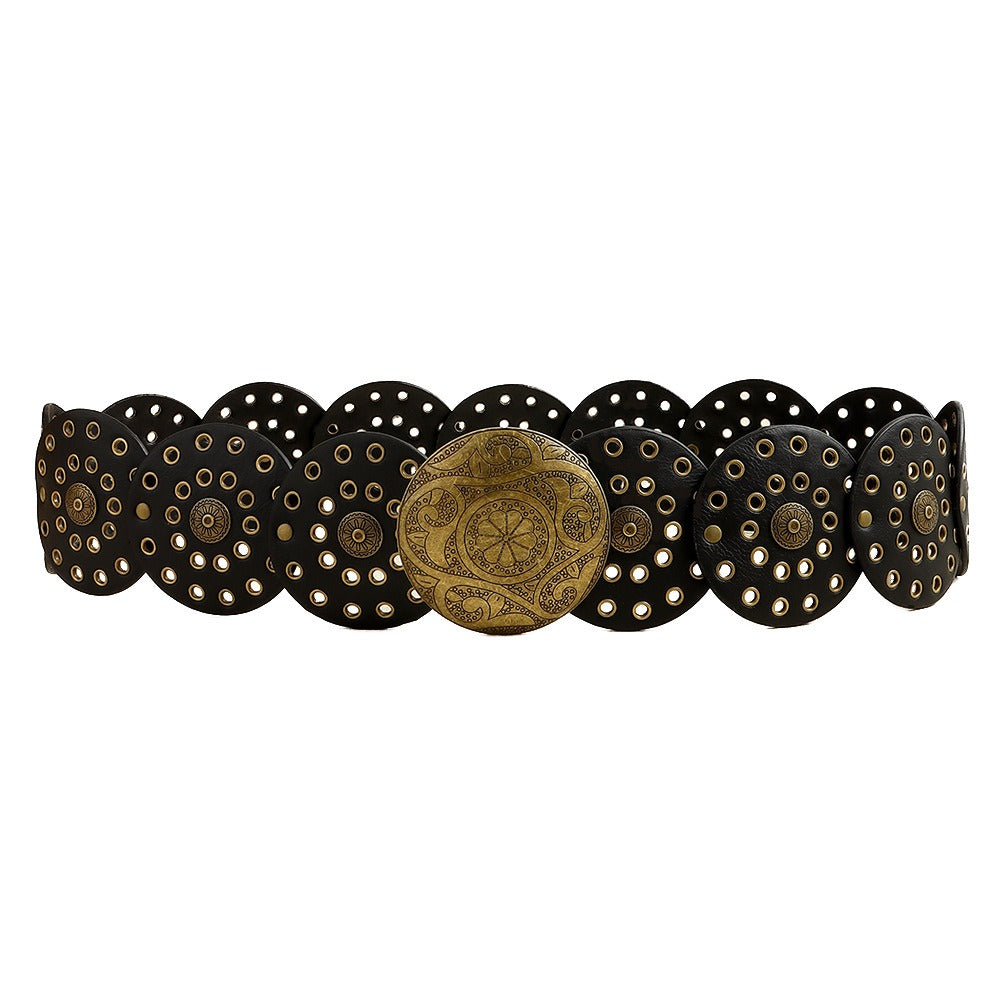 Ceinture large western en similicuir, boucle ronde ajourée en métal, style vintage, pour femme, 12 coloris 14