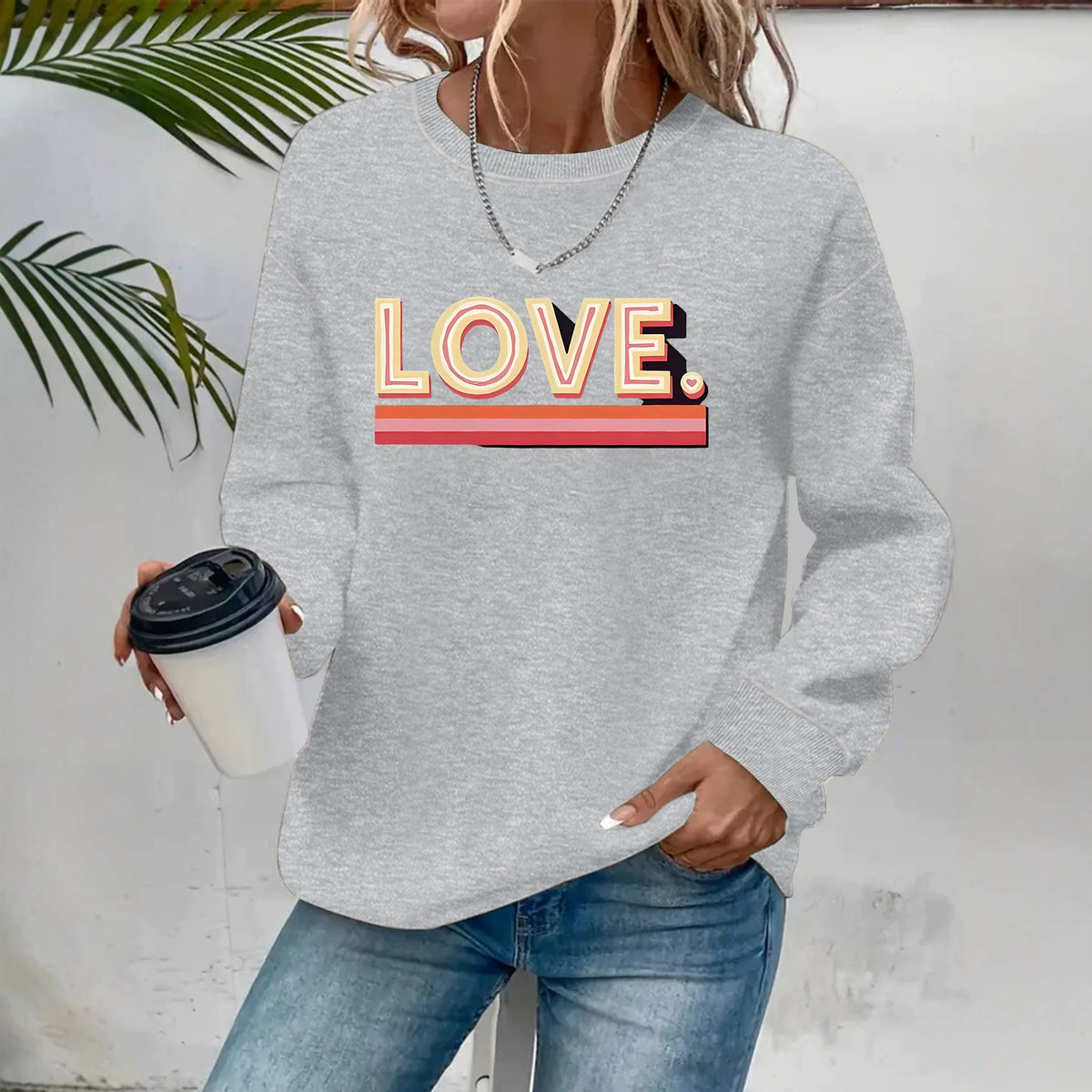 Sweat ample à col rond, imprimé transfert thermique, manches lanternes, style urbain, pour femme, 4 coloris 5