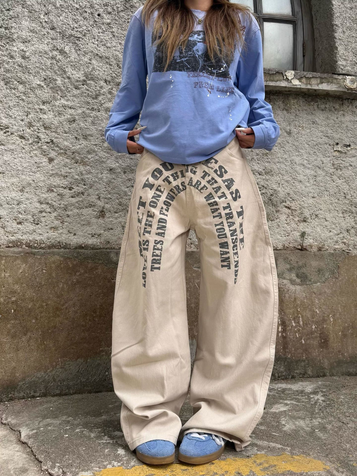 Pantalon large en denim imprimé lettres pour homme et femme, style street décontracté 11