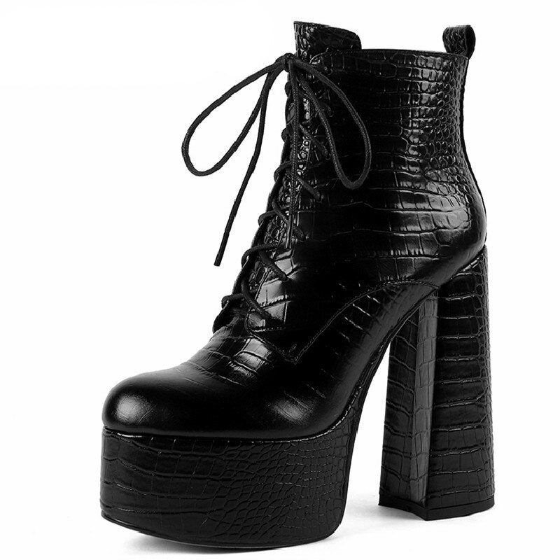 Bottines en cuir à talon haut de 14,5 cm et plateforme, lacets croisés, pour femme