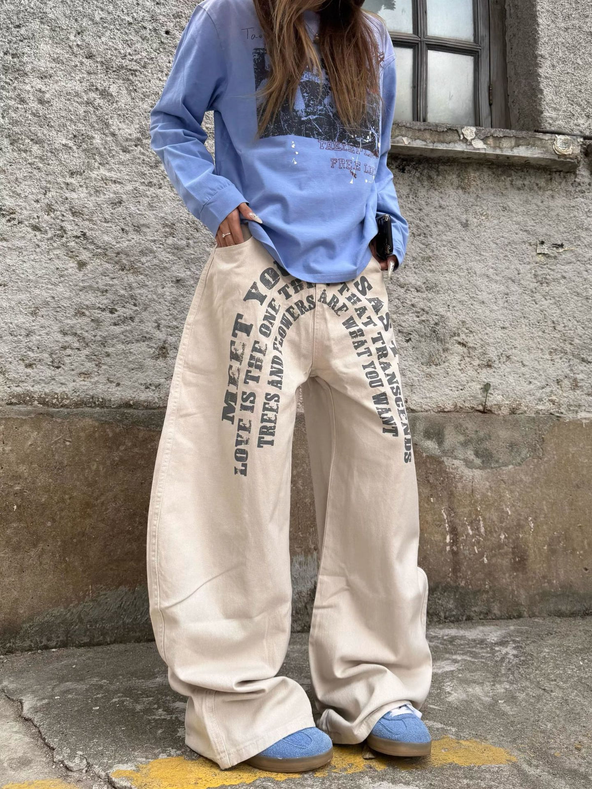 Pantalon large en denim imprimé lettres pour homme et femme, style street décontracté 9