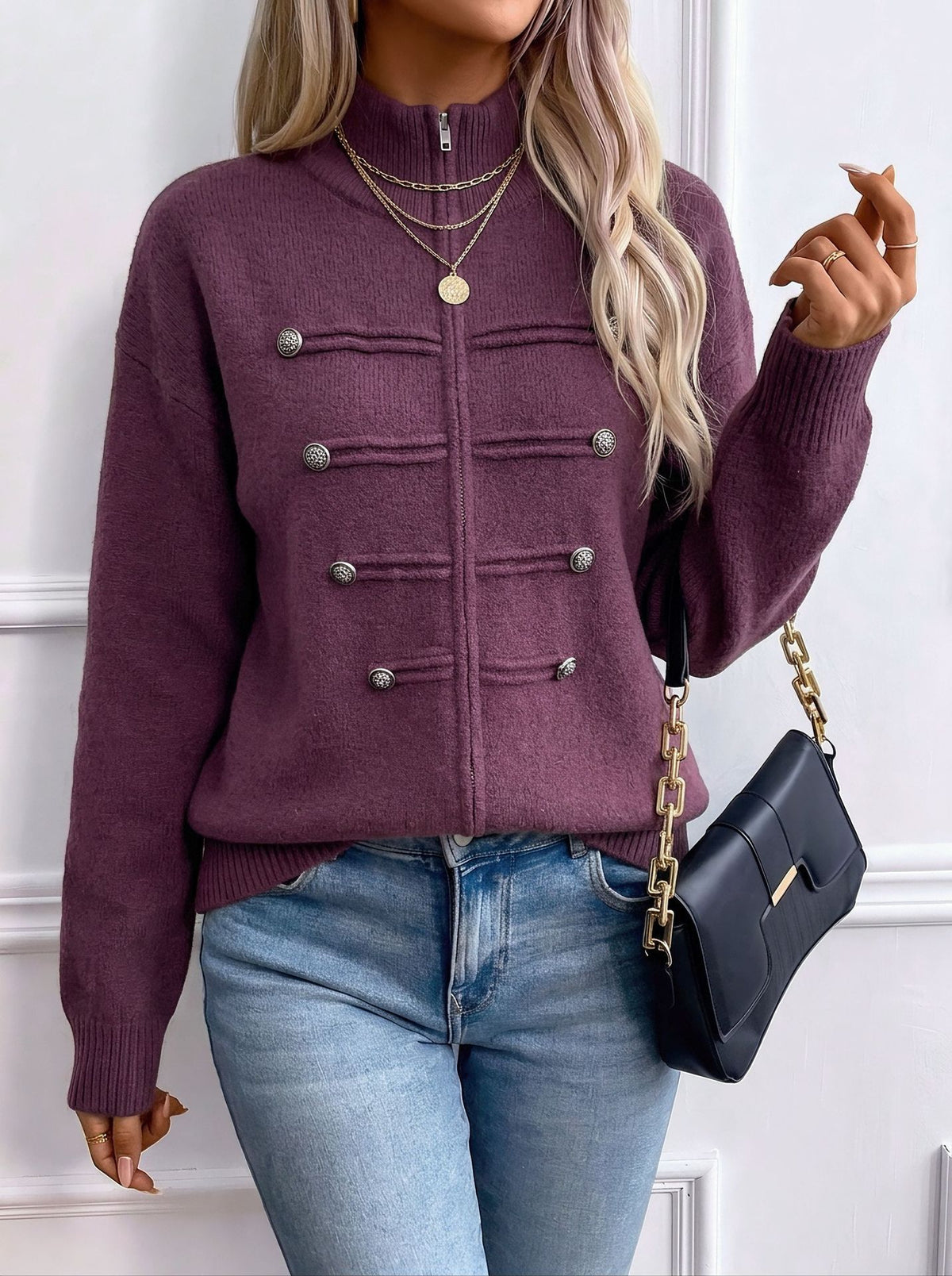 Cardigan en maille à col montant et double zip, 6 coloris