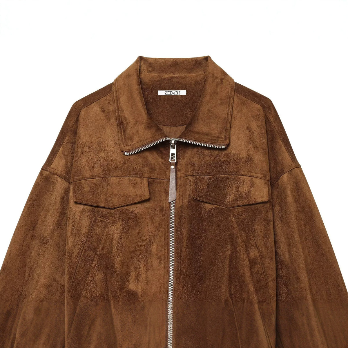 Veste courte en daim à col rabattu et cordon de serrage, marron