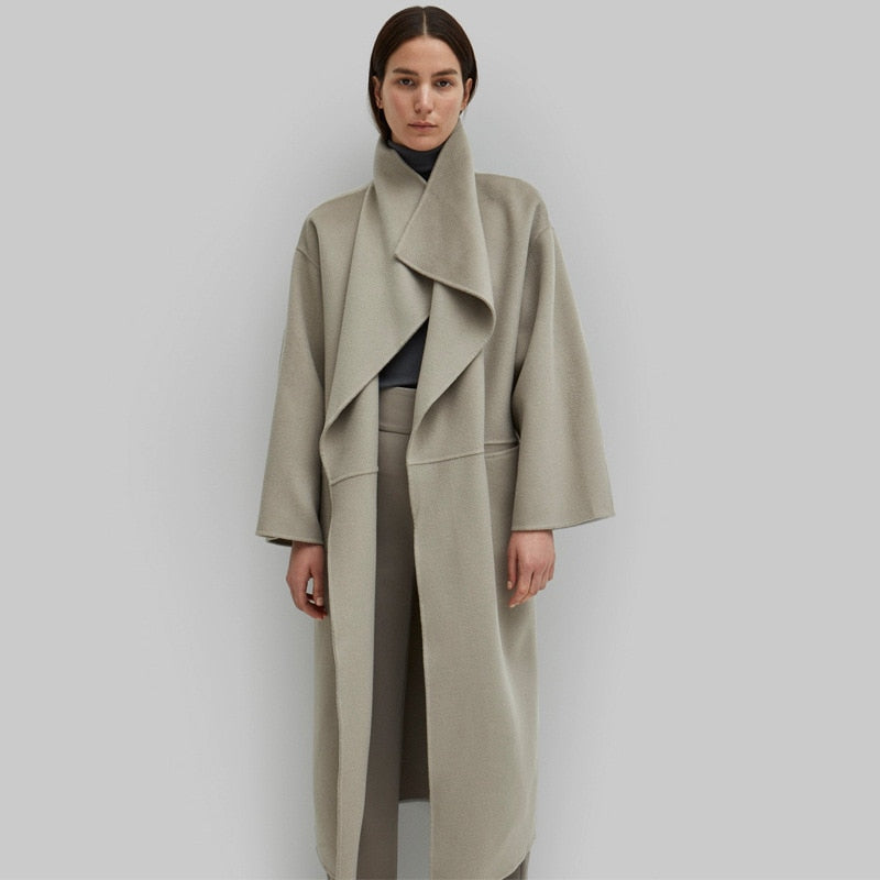 Manteau long en laine et cachemire pour femme, coupe droite, col à revers, noir ou gris