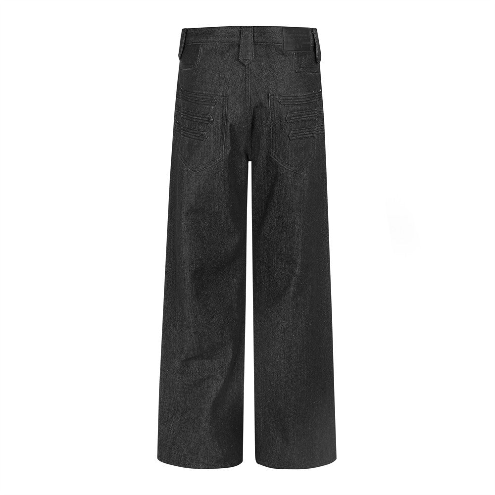 Vintage High Street Loose Straight Raw Denim Double Breasted Men's Casual Pants