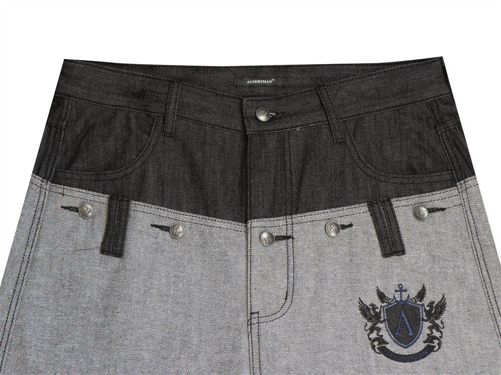 Jean sabre pour homme, ceinture à empiècements, broderie cursive et poches contrastées 12