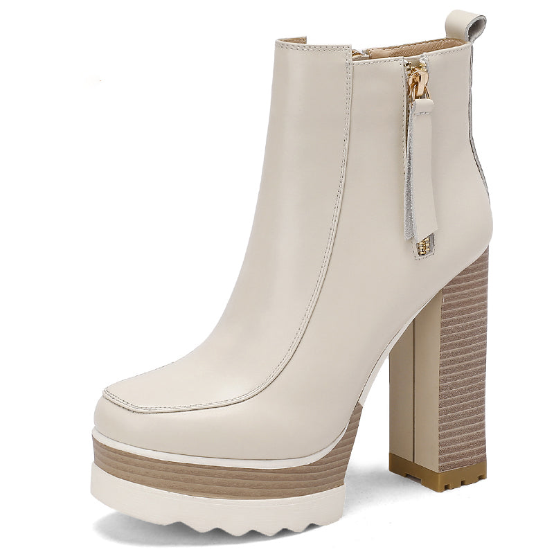 Bottines en cuir à talon épais 13 cm et plateforme, doublure peluche ou simple