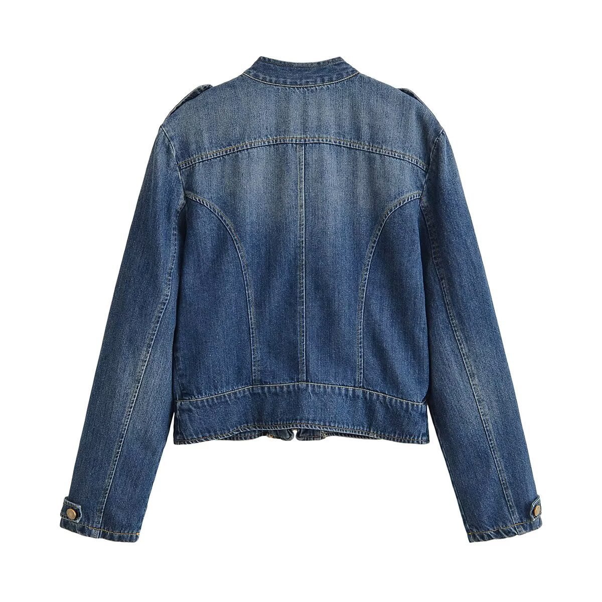 Veste courte en jean à col montant et double rangée de boucles métal, bleu 3