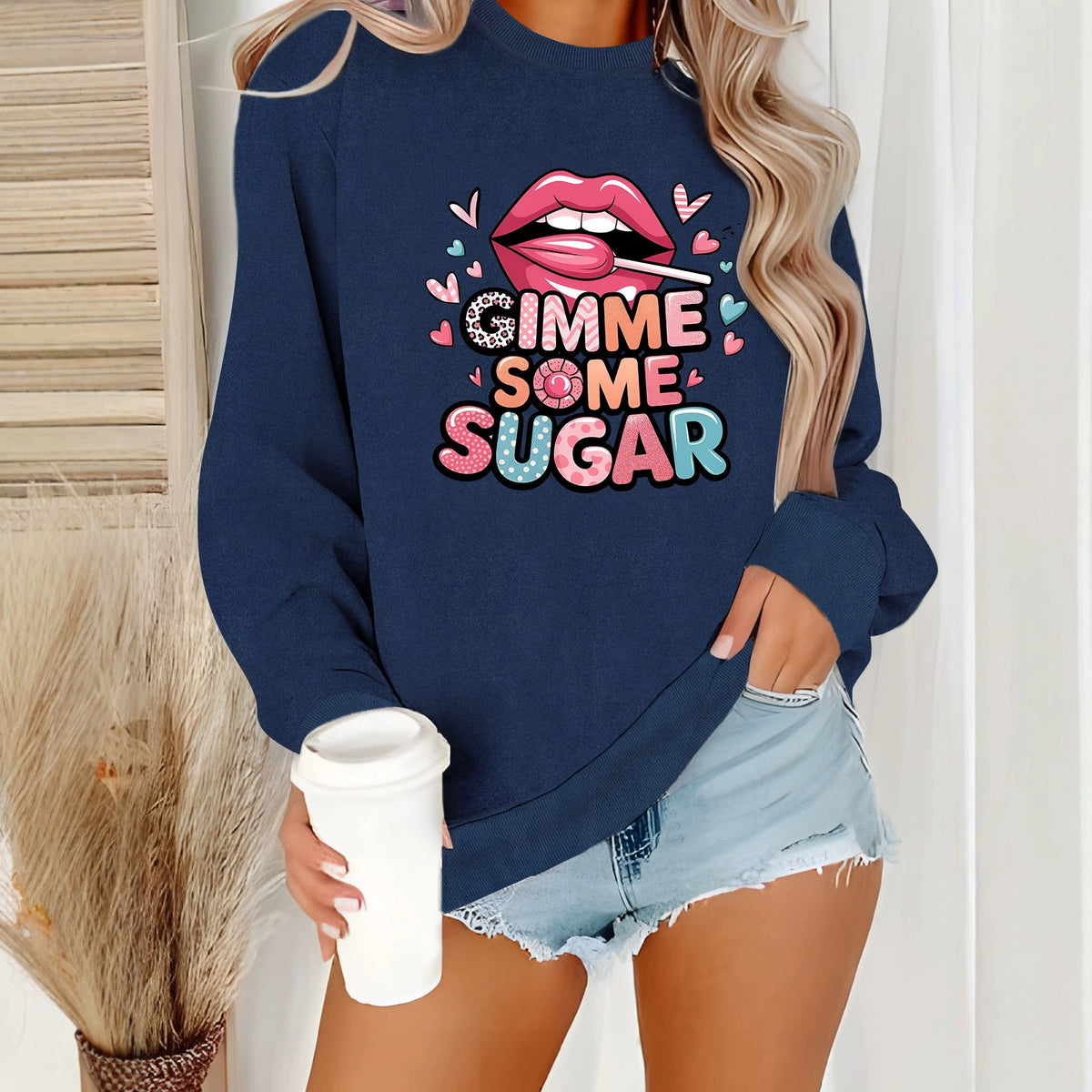 Sweat-shirt col rond style citadin, manches lanternes, imprimé thermocollé, coupe ample, pour femme, 4 coloris 4