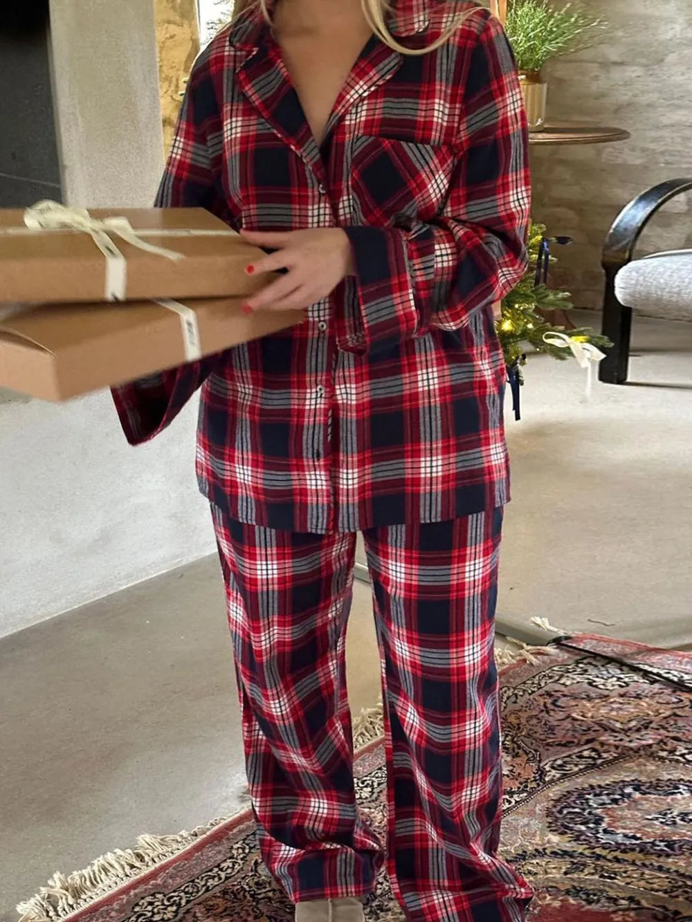 Ensemble de détente à carreaux, haut boutonné à col et pantalon assorti, deux pièces, pour femme, 3 coloris 8