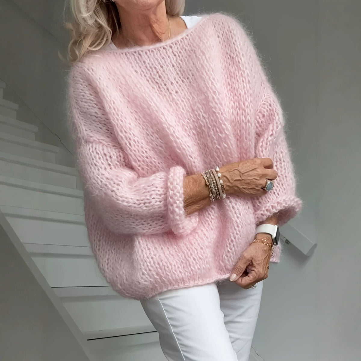 Pull en maille ample à col rond, manches longues, pour femme, rose 3