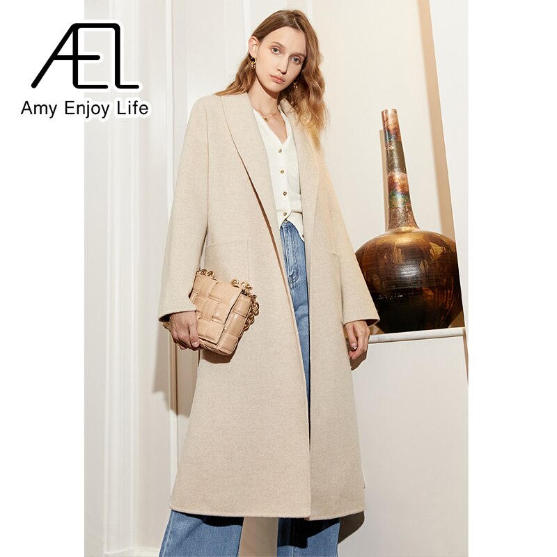 Manteau mi-long en laine à lacets et poches, beige 3