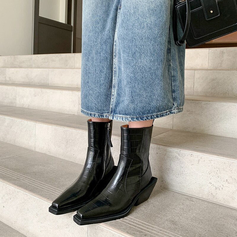 Bottines en cuir à talon épais et bout carré, zip latéral, style rétro, pour femme 6