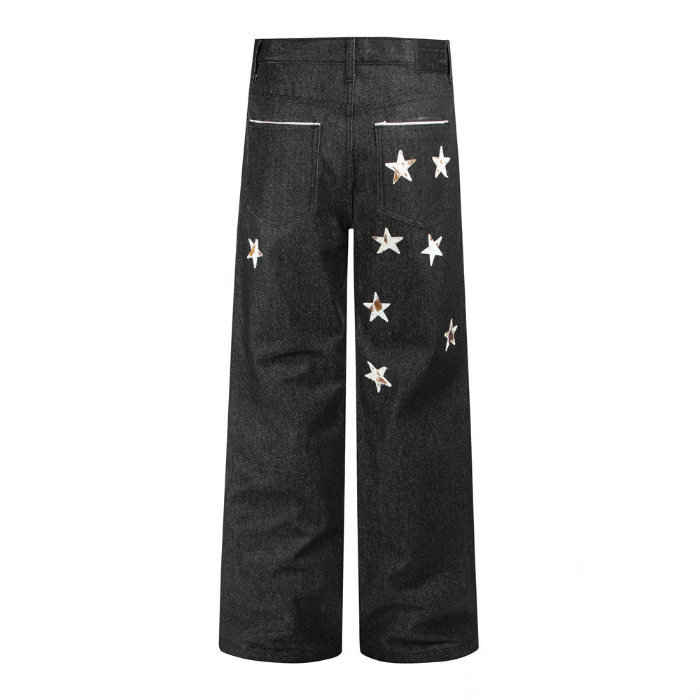 Men's Vibe Style Raw Denim Straight Leg Pants Loose Hip Hop Streetwear Casual Trousers with Star Design