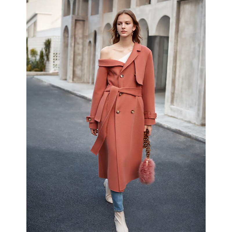 Manteau en laine à double boutonnage et épaule asymétrique pour femme, rouge corail