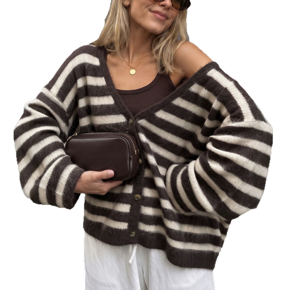 Gilet en maille à col V, rayures et carreaux, manches longues, pour femme, multicolore 6