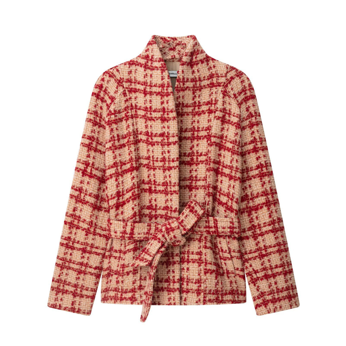 Veste croisée à carreaux rouges avec ceinture, col V 3