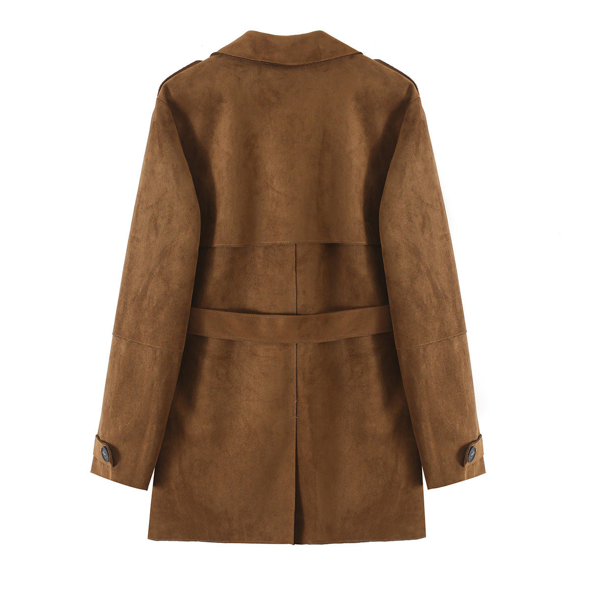 Trench long effet daim marron, revers et double boutonnage