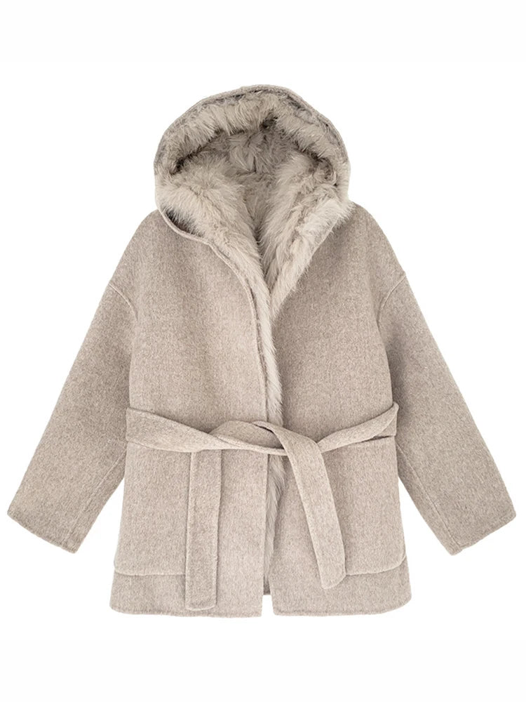 Manteau en laine à capuche et ceinture, coupe ample, uni, pour femme, café 6
