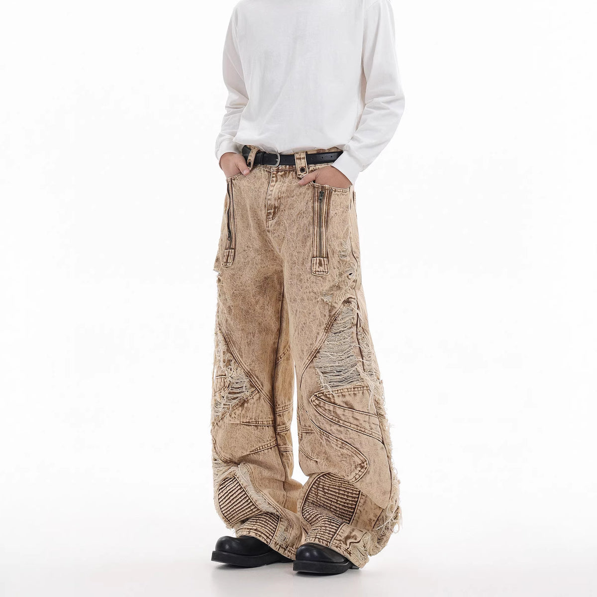 Pantalon en denim épais abricot à plis pour homme, coupe droite street 2