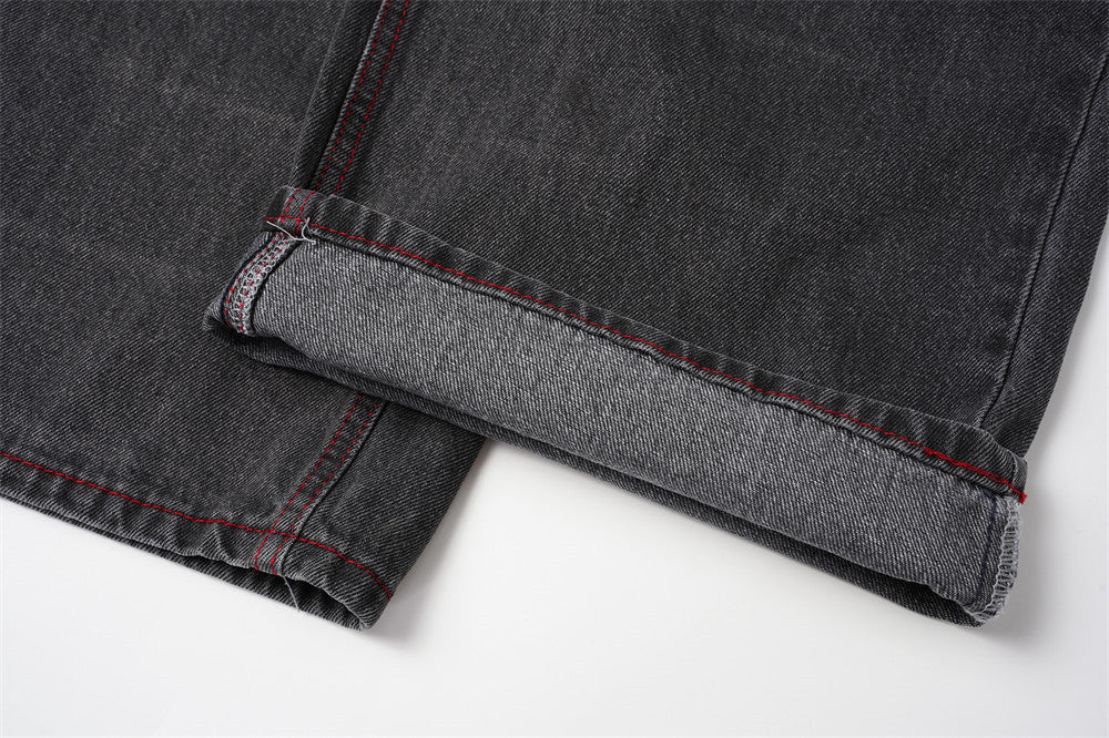Jean droit délavé effet usé pour homme, imprimé ailes, style street 16