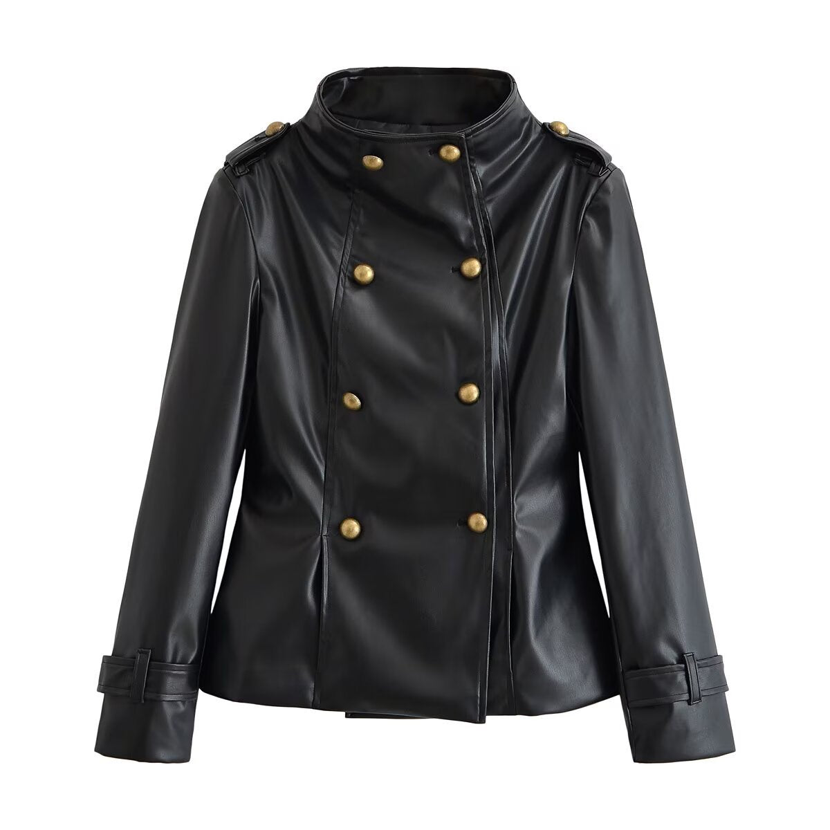 Veste cintrée en simili cuir noir à col montant, fermeture zippée