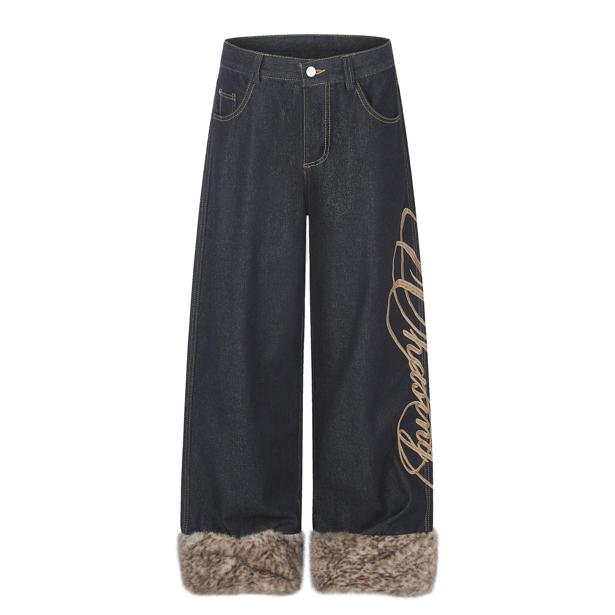 Jean large en denim brodé à ourlet brut, style street 2